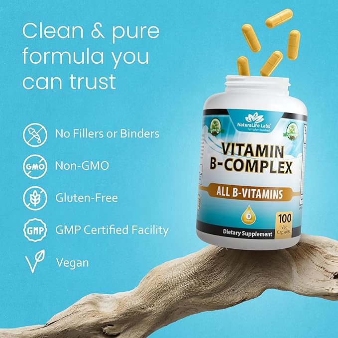 NaturaLife Labs Vitamin B-Complex with Vitamin C – Includes Active B2 (Riboflavin-5-Phosphate), B6 (Pyridoxal-5-Phosphate), B9 (5-MTHF) and B12 (Methylcobalamin); plus B1, B3, B5 and B7 – 100 Capsules