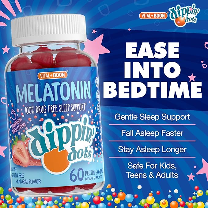 Dippin' Dots - Melatonin Gummies for Kids & Adults (30 Day Supply) Strawberry Sunset Creme Flavor | 2.5mg Per Kids Melatonin Supplement for Faster & Longer Sleep | Gummies for Children (60 Count)