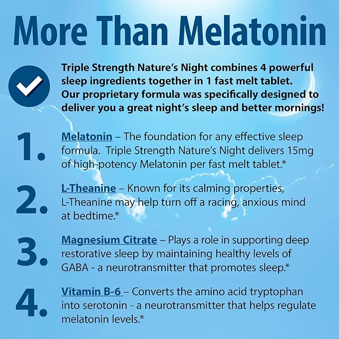 Zero Brands Nature's Night Triple Strength Quick Dissolve Melatonin 15mg with Supportive Blend | Natural Orange Flavor | 90 Count | Sugar Free, Vegan, Non-GMO, Drug Free