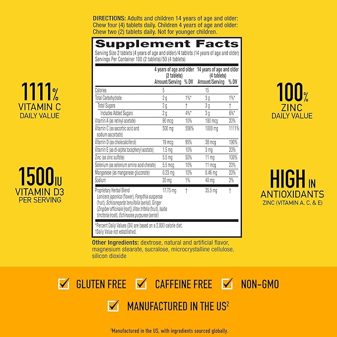 Airborne 1000mg Vitamin C + Zinc Immune Support Supplement Chewable Tablets, Citrus Flavor with Powerful Antioxidants Vitamins A C & E, 116 Chewable Tablets (2 Pack)