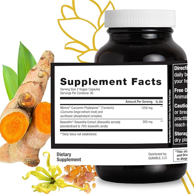 Durable Turmeric - 1250 mg Meriva Curcumin, 29X More Absorption + Boswellia – Joint Comfort, Mobility & Healthy Inflammation – Doctor Formulated, Vegan, Non-GMO, Made in USA (180 Capsules)