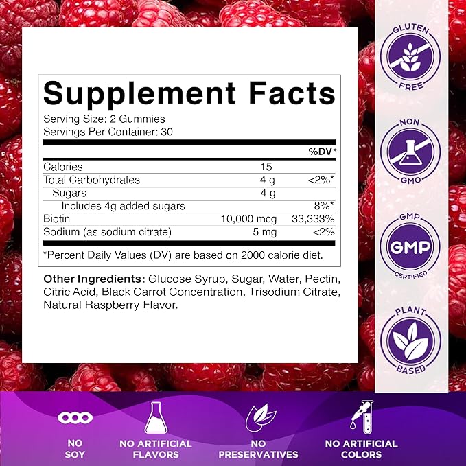 Vitamatic Biotin Gummies 10,000 mcg for Stronger Hair, Skin & Nails - 60 Vegan Gummies - Also Called Vitamin B7 (1 Bottle)