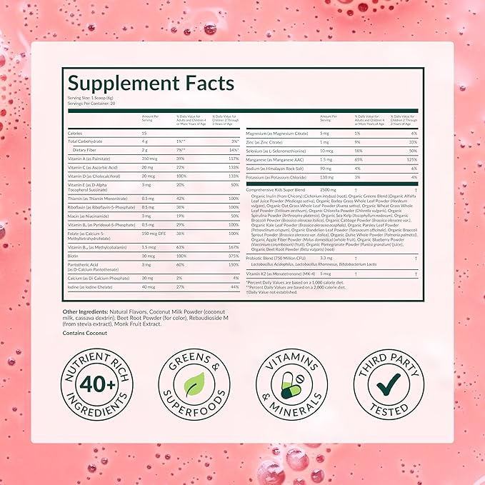 Beam Kids Multivitamin Powder – Kids Vitamins with Greens, Probiotic & Prebiotic, Immune Support for Children & Toddlers, No Artificial Sweeteners, for Picky Eaters, 20 Servings, Strawberry Flavor