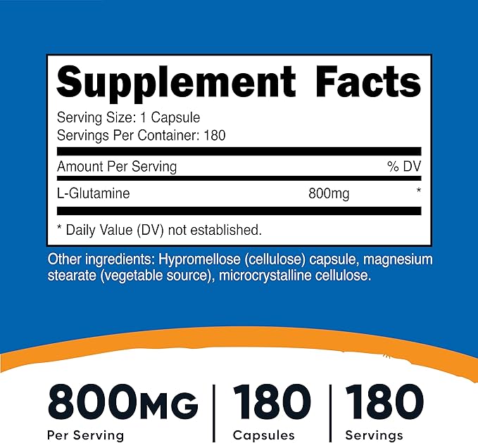Nutricost L-Glutamine 800mg, 180 Capsules (3 Bottles)