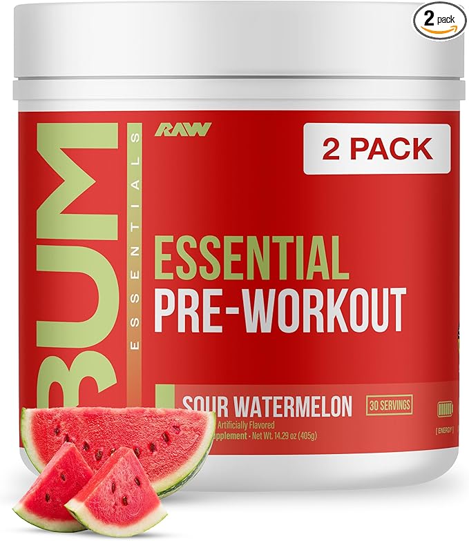 RAW Essential Pre-Workout Powder (Sour Watermelon) - Chris Bumstead Sports Nutrition Supplement for Men & Women - Preworkout Energy Powder with Caffeine, L-Citrulline & Beta Alanine Blend - 2-Pack