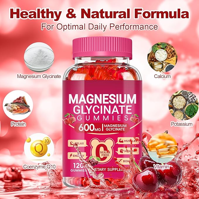 Magnesium Glycinate Gummies 600mg for Women and Men, High Absorption Magnesium Glycinate with Vitamin D, B6, and CoQ10 for Calm Support & Sleep, Sugar Free, Vegan, 120 Count