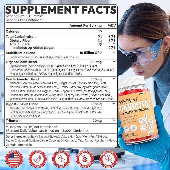 Probiotic Gummies, 4-in-1 Pre and Post Probiotics for Women & Men, with 16 Digestive Enzymes for Gut Health, Digestion, Immunity, 0 Sugar, Prebiotics and Probiotics, 60 Gummies