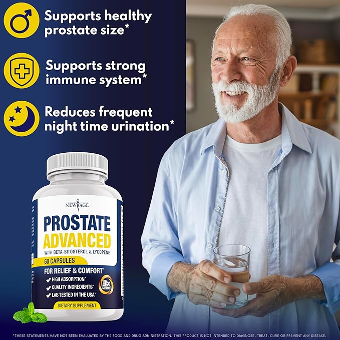 NEW AGE Prostate Advanced Prostate Supplement for Men – Reduce Bathroom Trips, Promote Sleep, Support Health & Bladder Emptying - Made with Lycopene, Beta Sitosterol - 60 Count