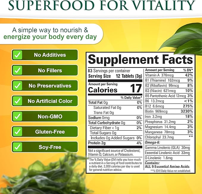 Sunlit Best Spirulina Tablets - Organic Spirulina Tablets USDA Premium 1000 Count - Natural Spirulinas Organic Burst for Immune Support Antioxidants, Energy Boost w/Chlorophyll - High Protein, Non GMO