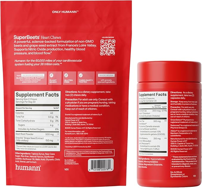 Humann SuperBeets Heart Chews & Metabolic Health Daily Bundle, Blood Pressure and Metabolic Balance Supplements, 120ct