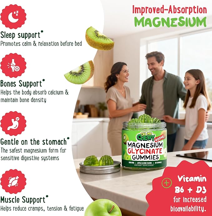 Center-Filled Magnesium Glycinate Gummies 400MG - High Absorption for Kids, Teens & Adults - Supplement for Sleep, Calm & Muscle Relaxation with B6 & D3 - Gluten Free & Vegan Friendly - 60 Count