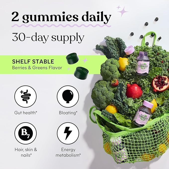 Lemme Greens Superfood Gummies w/Multi - Support Gut Health & Reduce Bloating, 20+ Organic Greens and Superfruits, Clinically Studied Probiotics, D3, B12 - Berries & Greens Flavored (60 Count)
