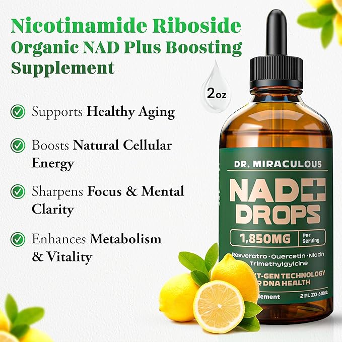 Pure NAD+ Supplements 1850mg Liquid Drops for Women & Man | Nicotinamide Riboside Organic NAD Plus Boosting Supplement - Natural Lemon Flavor