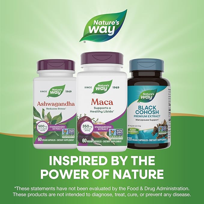 Nature's Way Maca Standardized Extract, Supports a Healthy Libido*, Standardized to 0.6% Glucosinolates, Non-GMO Project Verified, 60 Vegan Capsules (Packaging May Vary)