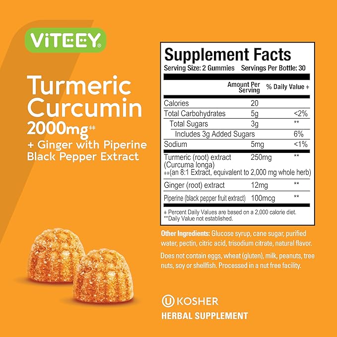 Viteey Turmeric Gummies with Turmeric Curcumin, Ginger & Black Pepper Extract - Immune Support, Healthy Skin, and Joint Health - Vegan, Gelatin Free, GMO Free - Tasty Chewable Peach Flavored-120 Count