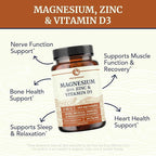 Magnesium Zinc & Vitamin D3 | 260MG Complex | High Absorption Mag Citrate, Glycinate & Malate | Muscle, Nerve Function & Bone Health Support | Zinc and Magnesium Supplement with VIT D3 | 60 Ct.