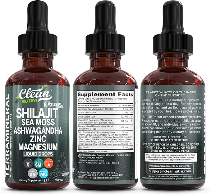 Shilajit Liquid Drops with Sea Moss, Ashwagandha, Zinc, Magnesium, Liquid Vitamins for Women and Men - Terra Mineral by Clean Nutra - 2Pack