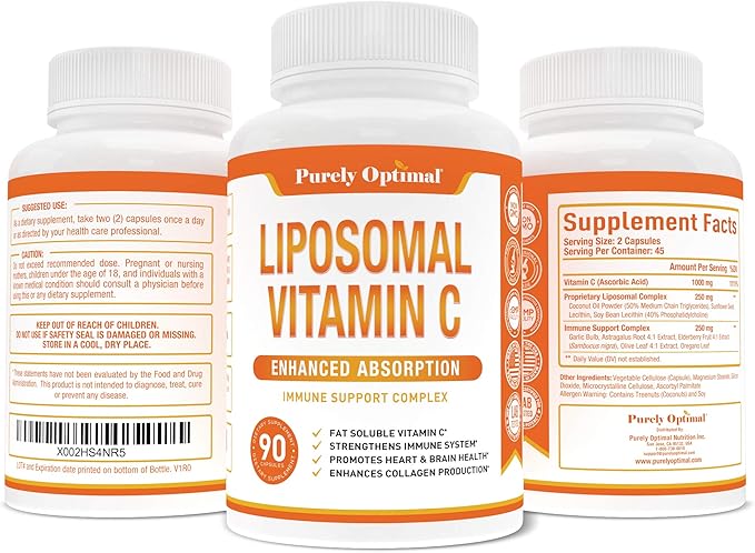 Purely Optimal Premium Liposomal Vitamin C Supplement - High Absorption, Fat Soluble Ascorbic Acid Vitamin C 1000mg for Immune Support - Collagen & Immune System Booster, Non-GMO, 90 Capsules