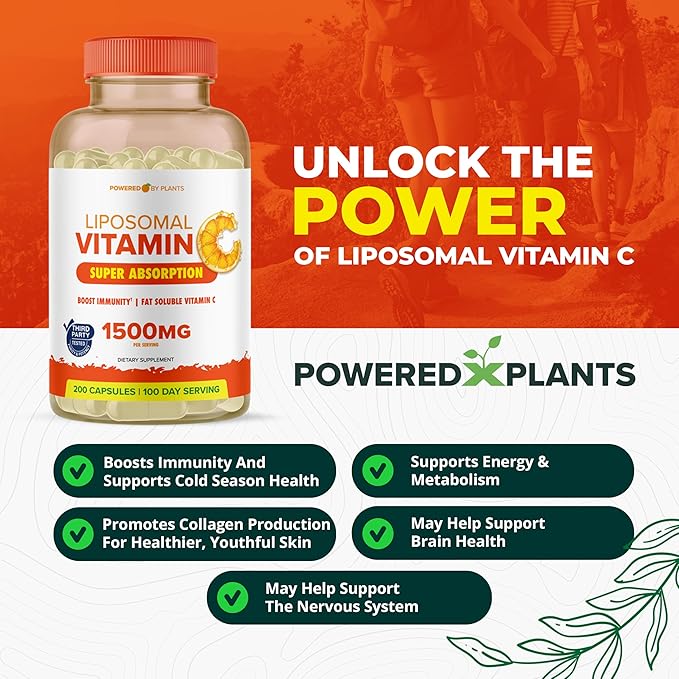 Liposomal Vitamin C Capsules - 1500mg Buffered High Absorption Vitamin C Supplement & Collagen Booster - Fat Soluble Immunity Support Ascorbic Acid Supplement 200 Vegan Capsules