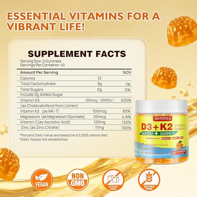 Vitamin D3 K2 Gummies，Vitamin D3 5000IU + K2 (MK-7) 100mcg Gummies for Adults | Immune Health Support, Teeth & Muscle Function Boost |90 Count