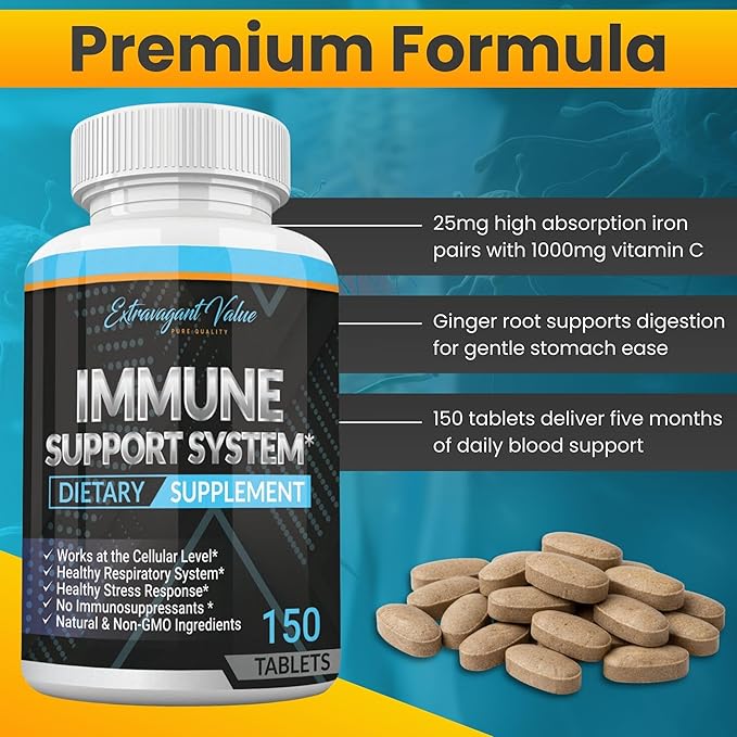 3-in-1 Immune Support Combo with Iron Supplement 25mg (Iron Pills) + 1000mg Vitamin C + Ginger Root, Gentle & Stomach Friendly for Energy & Iron Deficiency Support, Non-GMO, 150 Tablets