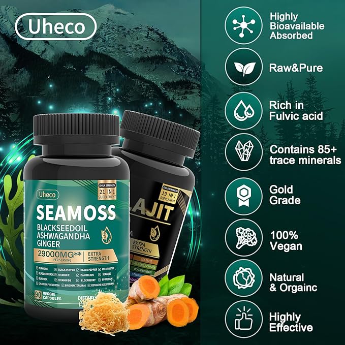 Shilajit and Sea Moss Vitality Bundle, Sea Moss 11000 mg, Shilajit 20000 mg, Black Seed, Ashwagandha, Turmeric, Bladderwrack, Burdock, Tongkat Ali, All in 1 Mineral Supplements