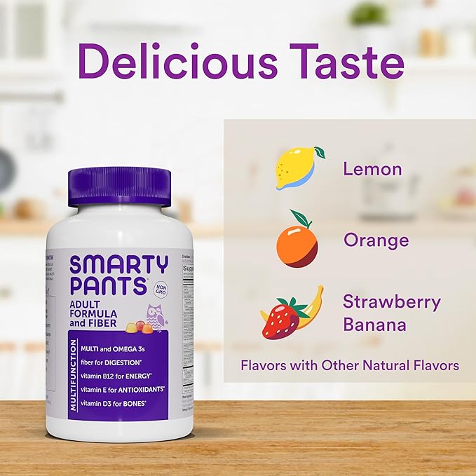 SmartyPants Fiber Supplement & Multivitamin for Men & Women: Multivitamin Fiber Gummies with Vitamin D3, C, Vitamin B12, B6, A, K & Zinc, Omega 3 Fish Oil (EPA/DHA), Biotin, 180 Count (30 Day Supply)