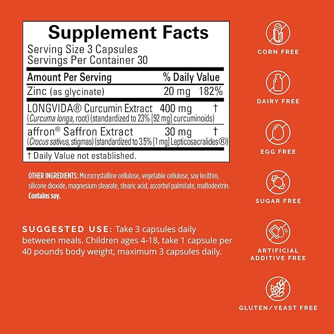 BRAINMD Dr Amen Happy Saffron Plus - 90 Capsules - with Saffron Flower Extract, Curcumin & Zinc - Vegan, Gluten Free - 30 Servings