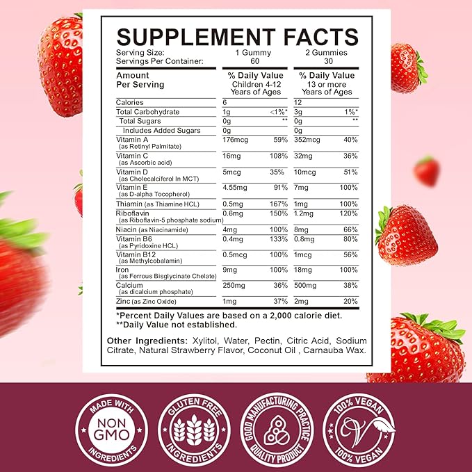 Iron Supplement Gummies for Kids - with Calcium, Zinc, Kids Multivitamin with Iron Gummies - Immune Support, Blood Builder & Energy Support for Iron Deficiency, Anemia, Vegan - 60 Count