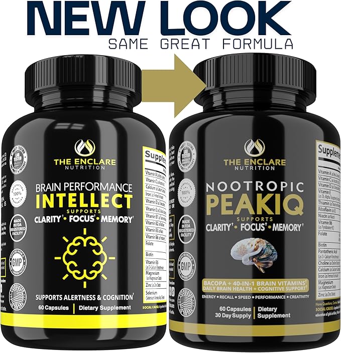 Nootropic Brain Booster, Focus Supplement, Clarity, Memory, Brain Vitamins With 40 Nootropics Phosphatidylserine, Bacopa Monnieri, Huperzine A, DMAE, Inositol, L-Glutamine, Selenium, Choline, DHA (1)