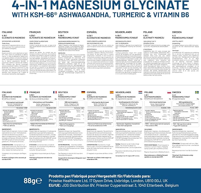 4-in-1 Magnesium Glycinate Added with KSM-66 Ashwagandha, Turmeric and Vitamin B6 | 90 Vegan Capsules | 4,001 mg per Serving | Easy to Swallow Capsule | GMO & Gluten Free | Premium Quality by Prowise