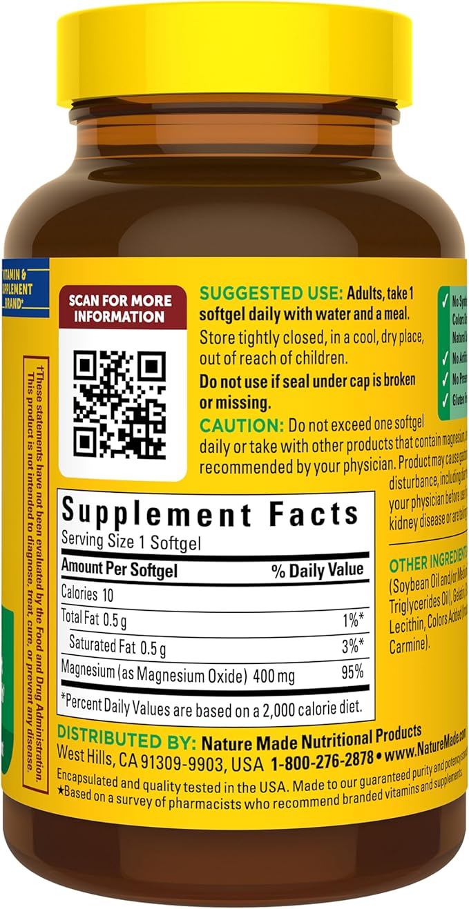 Nature Made Magnesium Oxide 400 mg Softgels, Extra Strength Magnesium Supplements for Men and Women, Support for Muscle, Nerve, Bone and Heart, 60 Day Supply