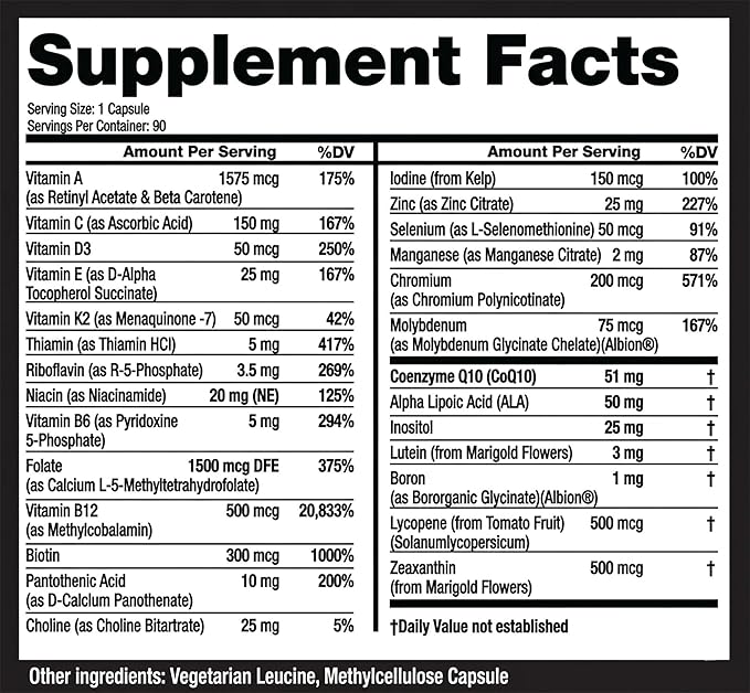 Eliixr Methylated Multivitamin, 3 Month Supply, 90 Capsules,1500 mcg of Active Folate, Methylated B12, Vitamin A, C, K2, D3, E, Choline, Biotin, ALA, CoQ10, B-Complex and More. Made in The USA