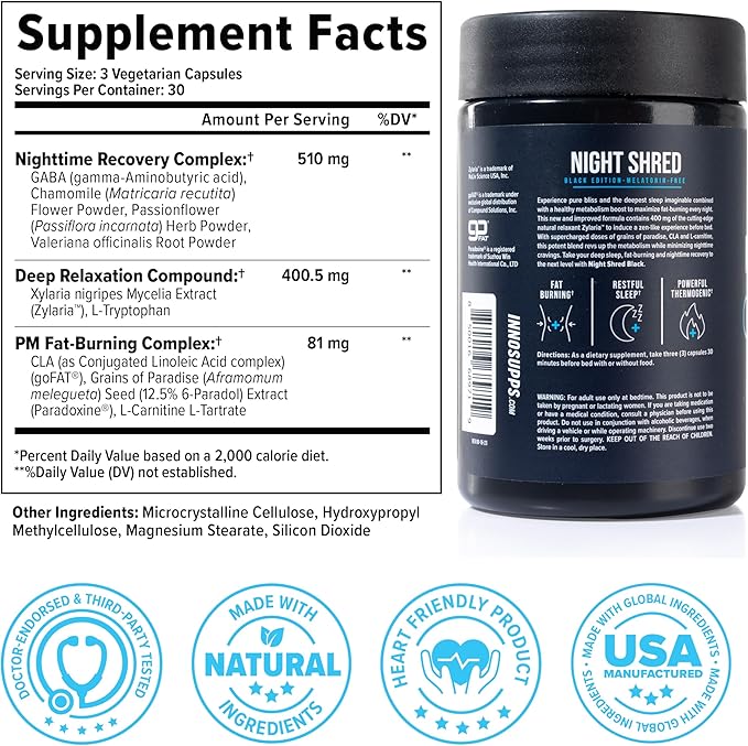 Night Shred Black Melatonin-Free Nighttime Fat Burner and Sleep Support Supplement - GABA Complex with Ashwagandha, CLA, Grains of Paradise, and Zylaria - Thermogenic Fat Burner - 90 Vegan Capsules