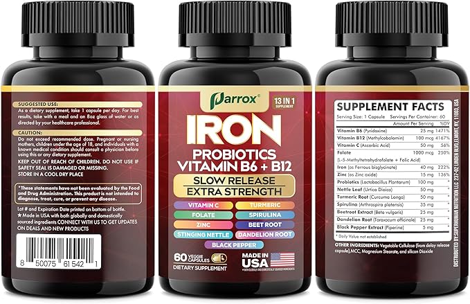 Iron Supplement with Slow Release Iron, Probiotics, Spirulina, Turmeric, Vitamin B6, B12, C, Zinc, Folate, Beetroot, Nettle Leaf, Dandelion Root, Black Pepper, Extra Strength, 60 Vegan Capsules