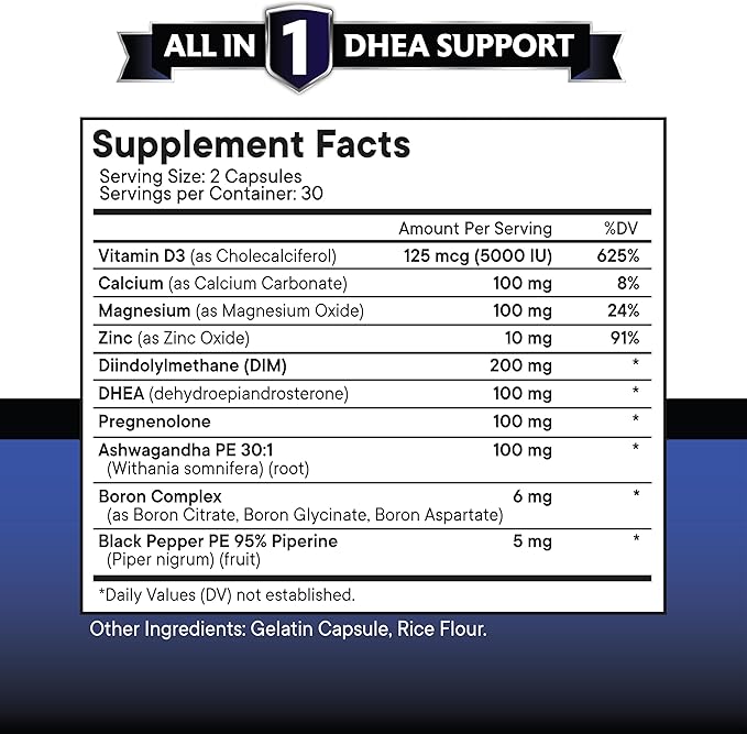 NEW AGE DHEA Supplement - Pregnenolone for Men & Women with DIM, Ashwagandha, Boron, Calcium, Magnesium, Zinc, Vitamin D3 5000iu - Support Capsules - 120 Count