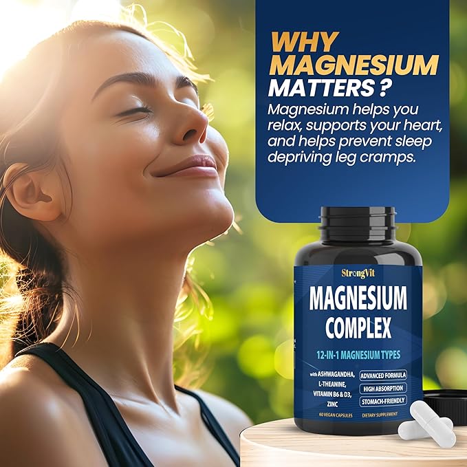 1000mg Magnesium Complex for Women and Men, 12 in 1 Magnesium Supplement with Ashwagandha, Zinc, D3, L-theanine. Easy to Swallow, High Absorption, Sleep Support & Stress Relief (60 Capsules)