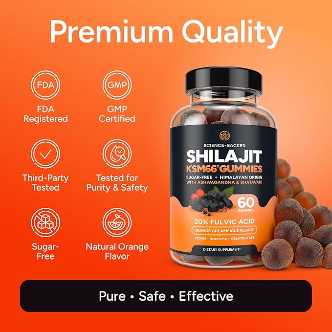 Sugar-Free Himalayan Shilajit Gummies for Men and Women [4000mg - 10:1 Extract] Energy, Focus & Testosterone Booster with KSM 66 Ashwagandha and Shatavari - Non-GMO