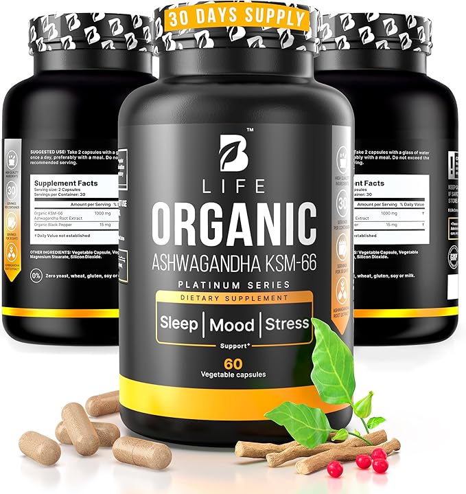 Organic Ashwagandha KSM-66 1000 mg Supplement | Adaptogen for Cortisol Support & Stress Relief | Mood, Calm & Sleep Aid for Men & Women | Ashwagandha ritual vitamins for women | 60 Vegan Caps