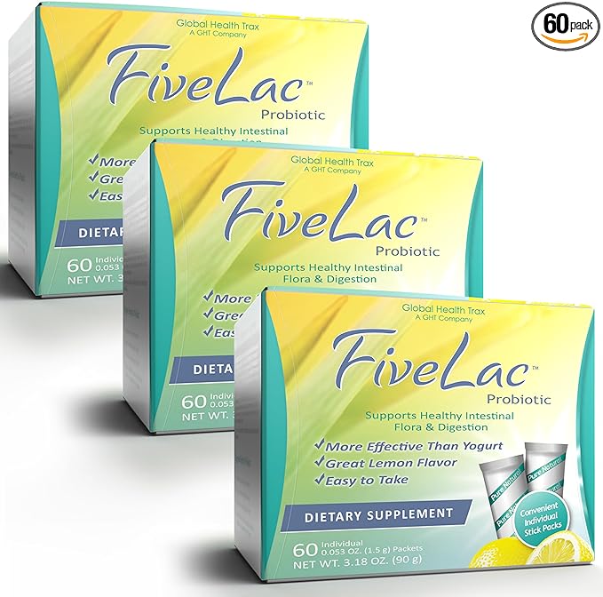 GHT - FiveLac Lemon Probiotic Powder Drink Mix, Probiotics for Women, Men, and Kids - Smooth Digestive Support and Elimination - Relieves Occasional Constipation and Gas - 60 Packets (3 Pack) Non-GMO