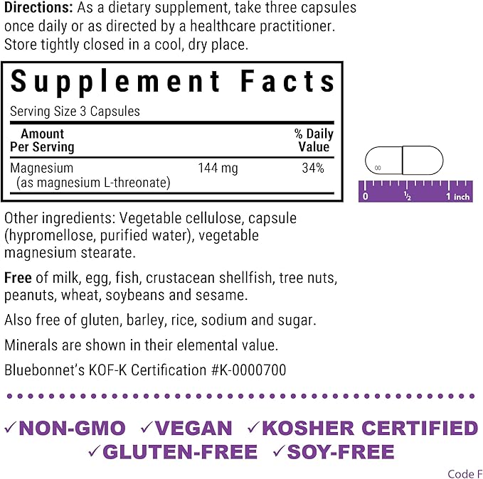 Bluebonnet Nutrition Magtein Magnesium L-Threonate, Brain Health*, Non-GMO, Vegan, Kosher Certified, Gluten-Free, Soy-Free, 90 Vegetable Capsules, 30 Servings