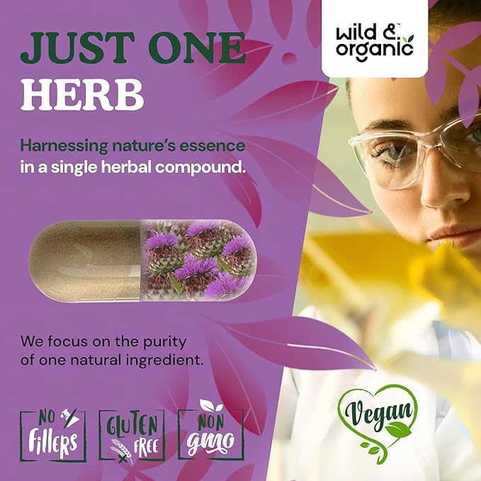 Wild & Organic Milk Thistle Capsules 1000mg - Liver Support Supplement - Silymarin Milk Thistle Powder for Liver Cleanse - 60 Vegan Capsules - 1-Month Supply - No Fillers, Non-GMO