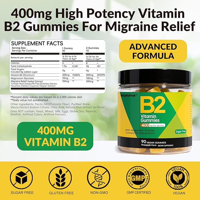 Riboflavin Vitamin B2 Gummies 400mg for Adults & Kids | Migraine Supplement with Magnesium, Turmeric, Cayenne Pepper, Butterbur for Energy & Nervous Support | Vegan, Sugar Free, 90 Count