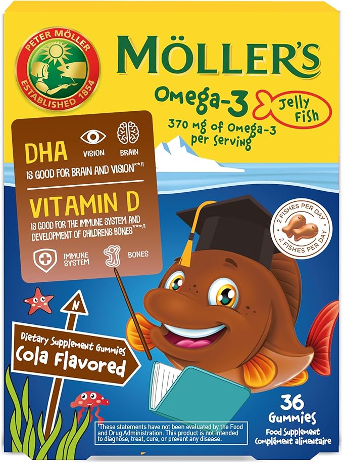 Moller’s ® | Omega 3 Capsules for Children | Natural Fish Oil Omega 3 Fish Oil for Kids | with DHA and EPA, No Gluten, Lactose or Added Sugar & Easy to Chew | Cola Flavor | 36 Capsules