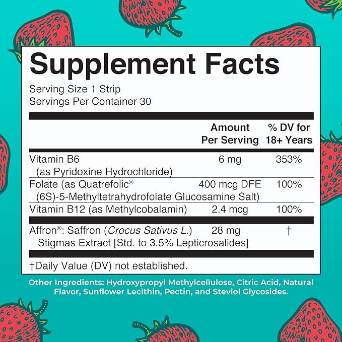 Mood & Cognition Dissolving Strips by MaryRuth's | Vitamin B12 | Vitamin B6 | Saffron | Folate | B Vitamins | Sugar Free | Strawberry Flavor | Vegan | Gluten Free | Dairy Free | 30 Count