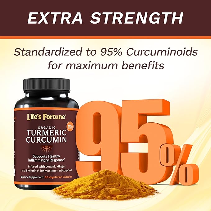 Life's Fortune Organic Turmeric Curcumin with Black Pepper and Ginger, Enhanced Absorption, Extra Strength Supplement, Joint & Immune Support, Non-GMO, 90 Cap - 2250mg