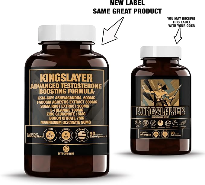 Kingslayer: 7-in-1 Testosterone Booster for Men w/KSM-66, Fadogia, Suma Root, L-Theanine, Zinc, Boron, Magnesium – Muscle, Energy, Libido & Focus