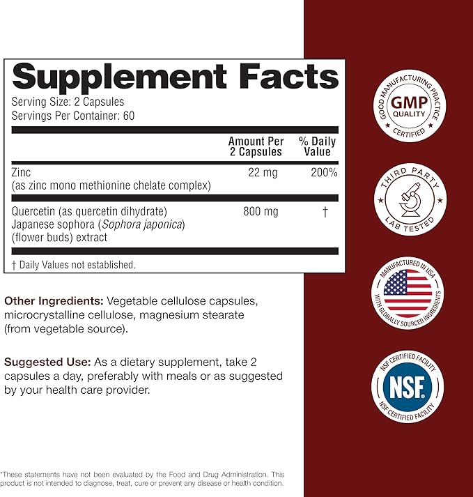 Sandhu's Zinc Quercetin 120 Vegetarian Capsules (Pack of 3) | High Absorption Zink Supplements for Immunity and Seasonal Allergy | Antioxidant Immune Support for Men and Women | Easy to Swallow