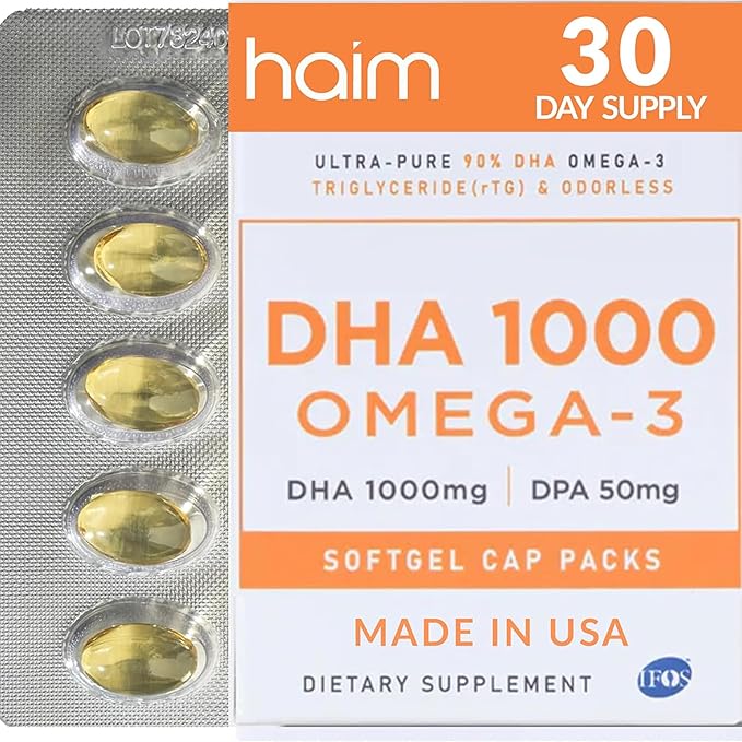 HAIM DHA 1000 Omega-3 Fish Oil - 90% Purity with 1000mg DHA, 50mg DPA - High Potency Fish Oil Supplement for Brain, Eye & Heart Support - Promotes Overall Wellness & Focus - 1 Box, 60 Softgels