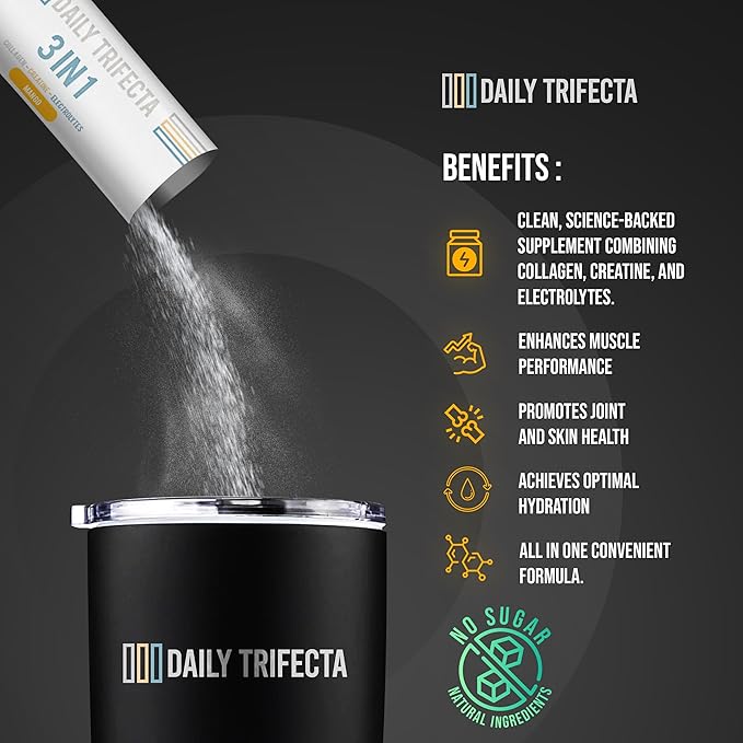 DAILY TRIFECTA 3-in-1 Collagen, Creatine & Electrolyte Stick Packs | Type I Collagen, Creatine Monohydrate, Zero Sugar | 30 Natural Single-Serve Packets | Strength, Hydration & Recovery (Grape)